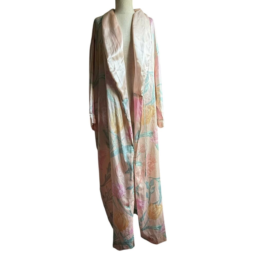 Natori Pastel Floral Satin Robe Kimono Style Wrap 56” Fair